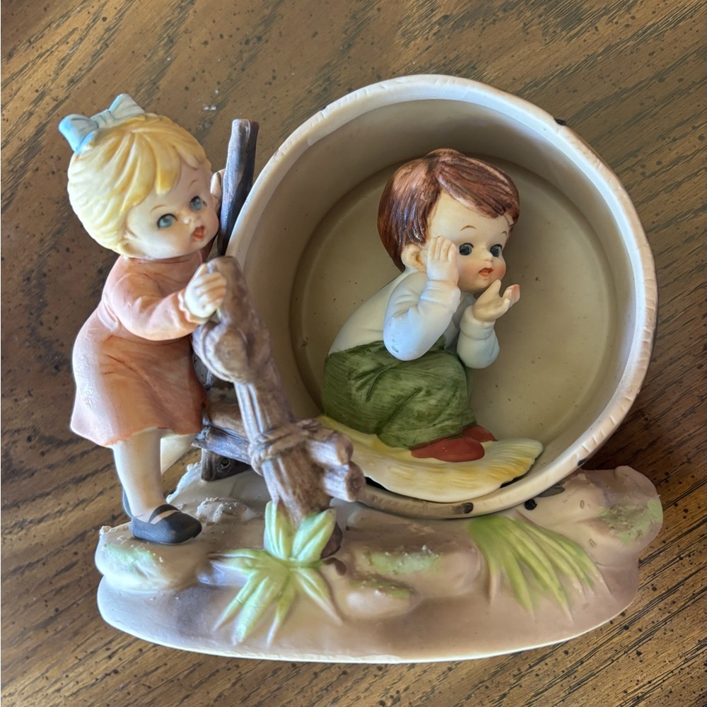 Vintage 1950’s Norleans Japan Boy & Girl Figurine, Hide & Seek, Boy In A Barrel